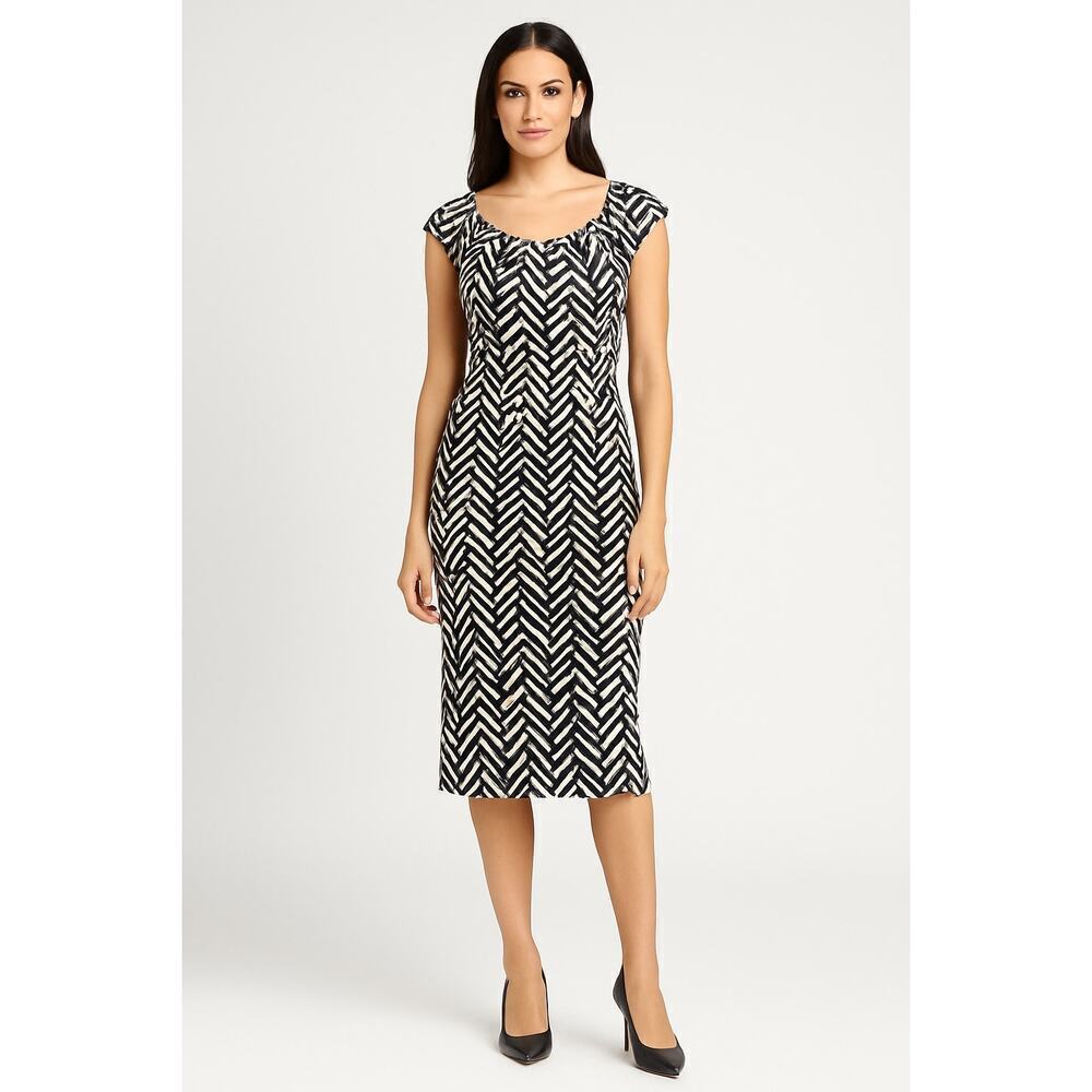 David Meister Black White Chevron Midi Dress Size 2